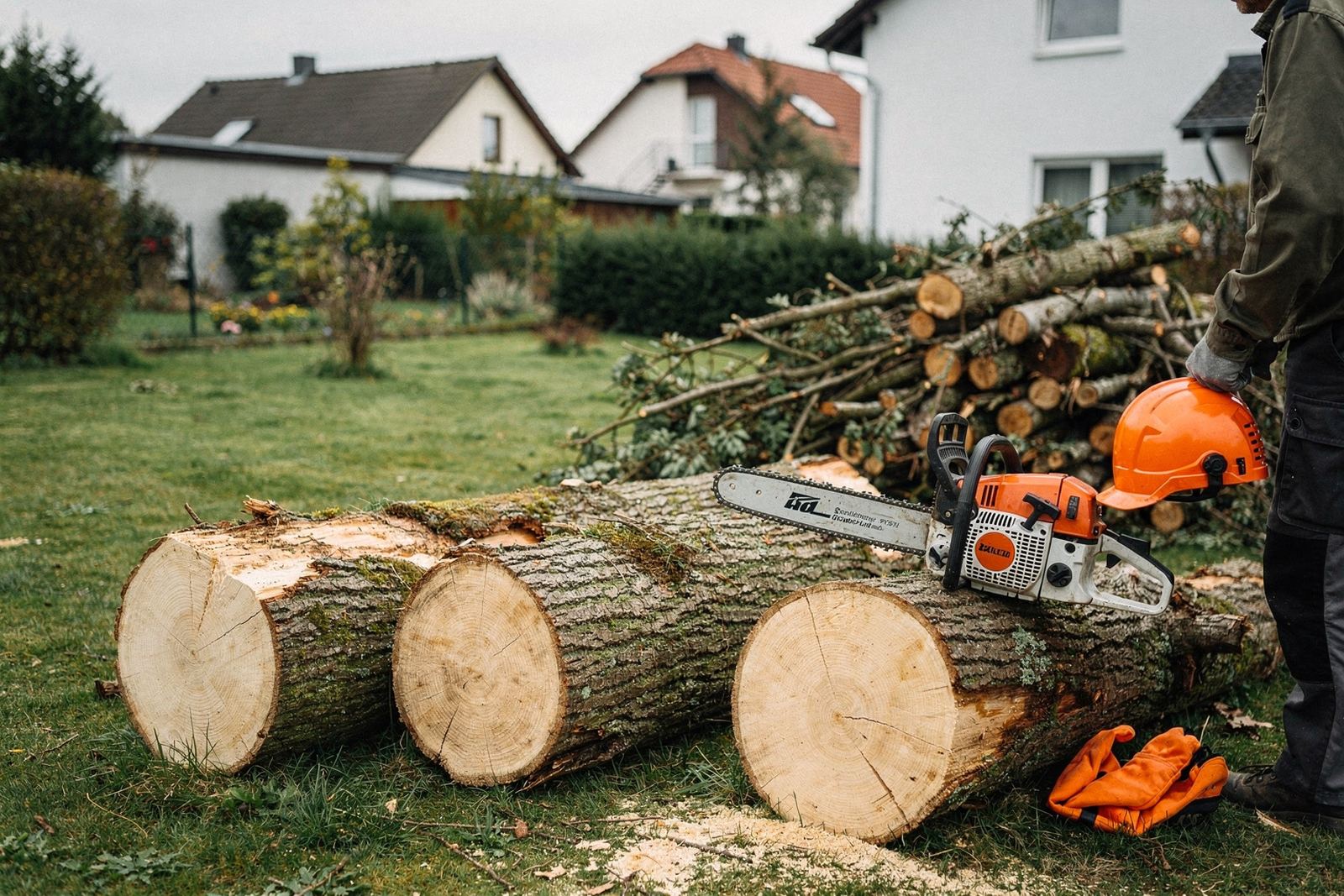 Gefällter Laubbaum im Garten, Stamm in Stücke gesägt, daneben Kettensäge und Kipphänger