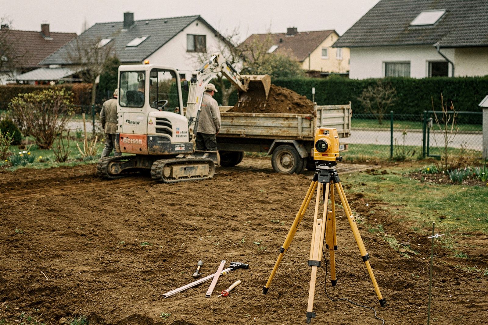 Minibagger hebt im Garten Erde aus, daneben ein Kipphänger für den Abtransport