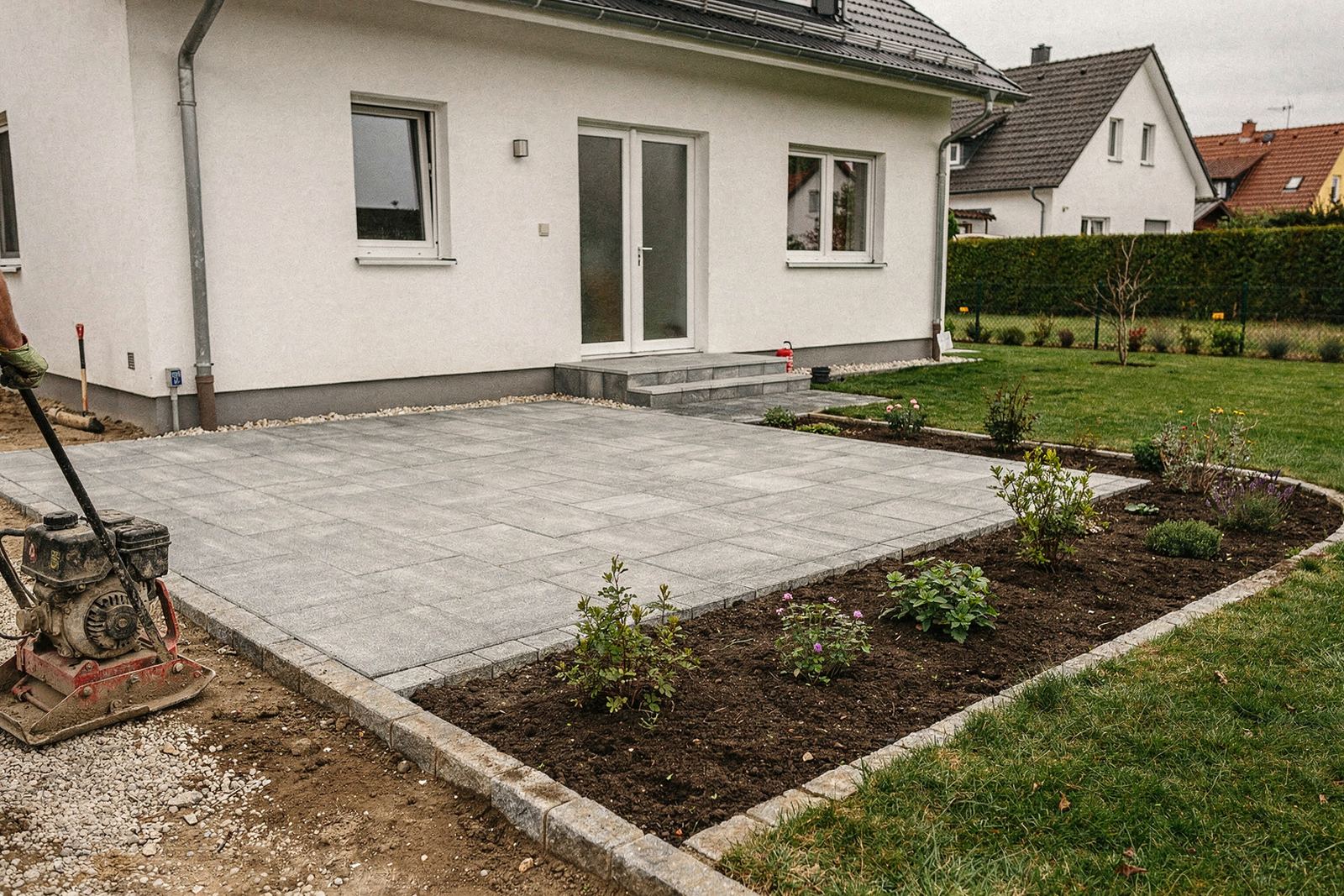 Gartenanlage am Wohnhaus mit gepflasterter Terrasse, Rasen, Beeten und Doppelstabmattenzaun