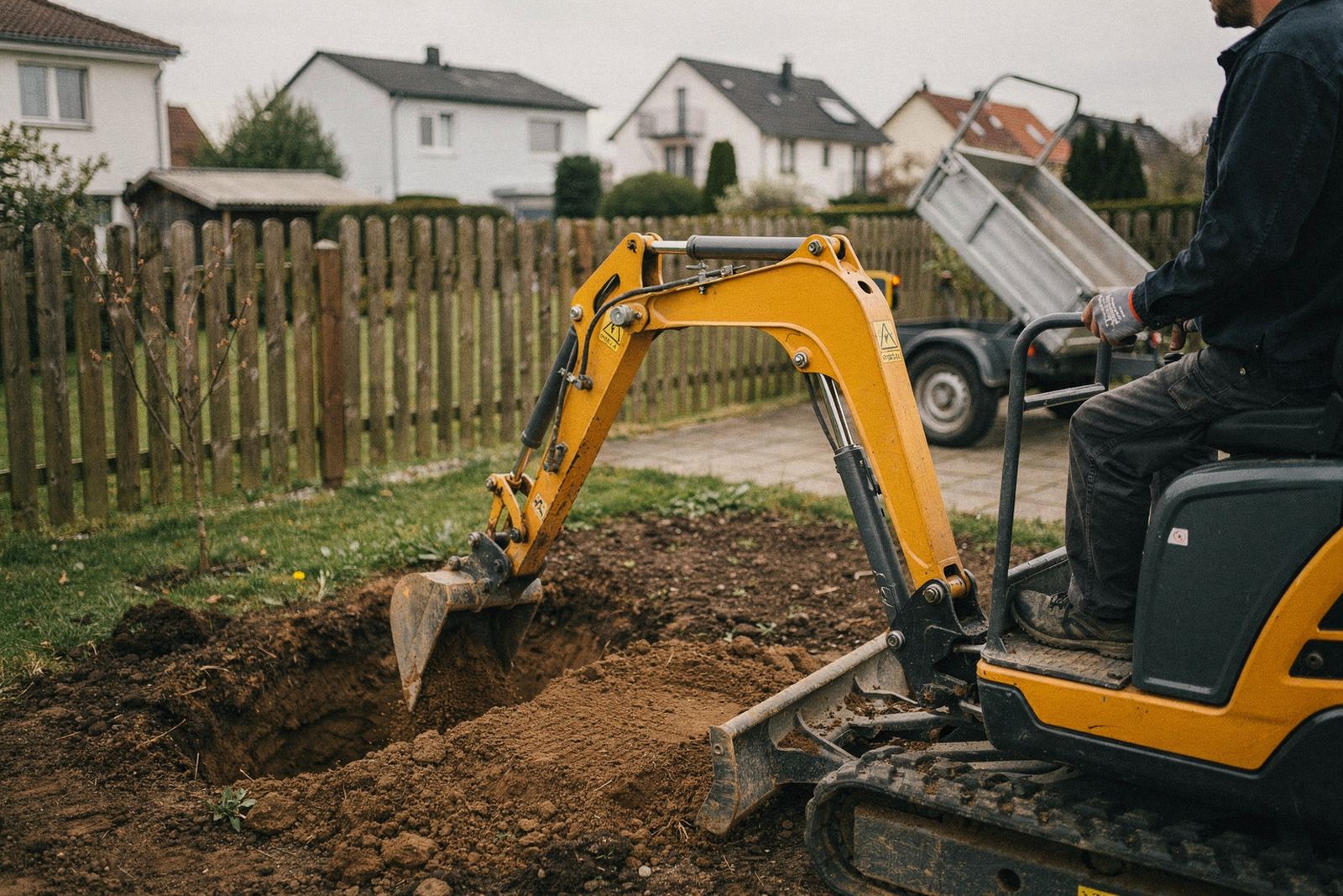 Minibagger bei Erdarbeiten im Garten