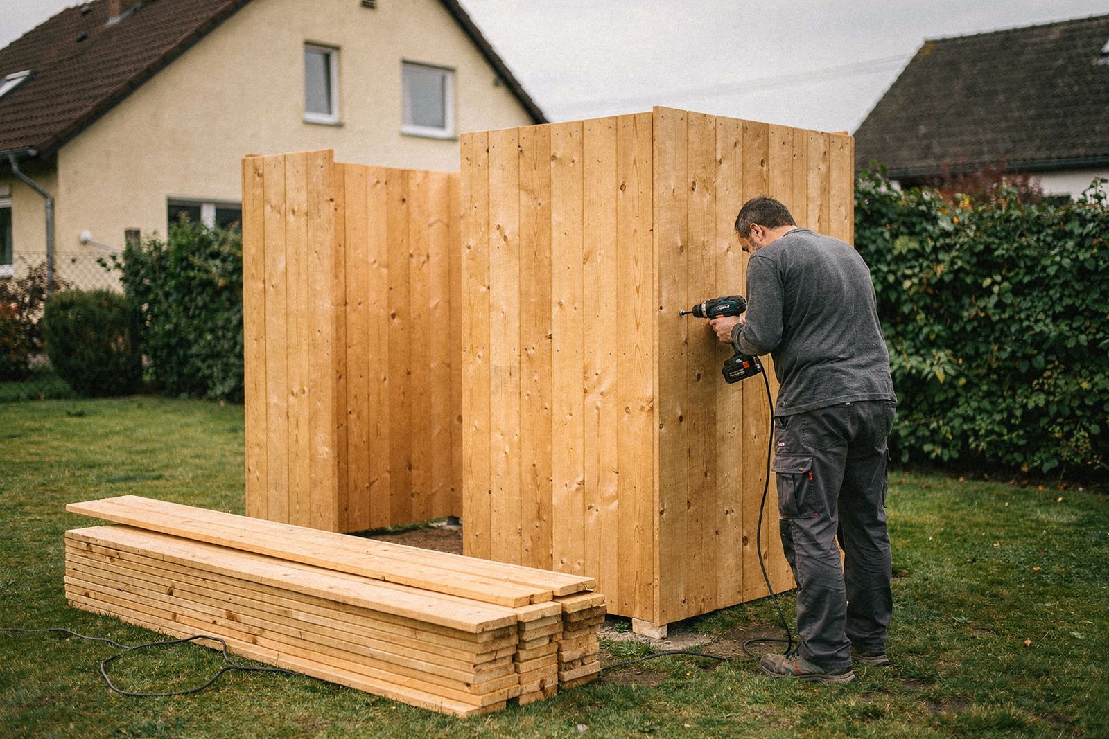 Gartenhaus aus einem Bausatz im Aufbau auf einem vorbereiteten, ebenen Untergrund