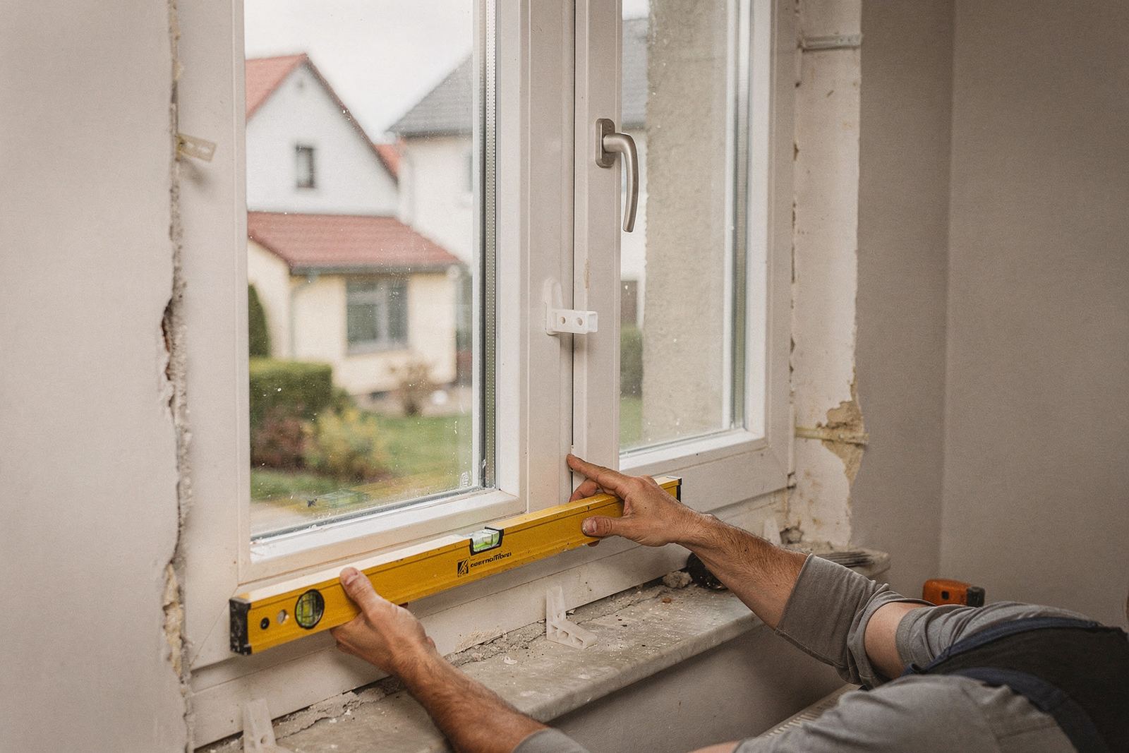 Neues Kunststofffenster in einer Wandöffnung, ausgerichtet mit Wasserwaage, Anschlussfuge noch offen